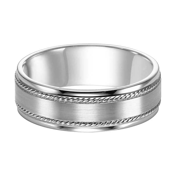 Goldman Men's 7MM Wedding Band with Satin Center and Rope Detail in 14K White Gold