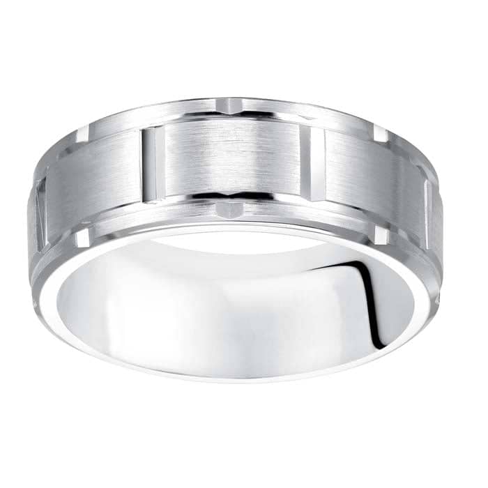 Load image into Gallery viewer, Goldman Men&amp;#39;s 8MM Wedding Band Satin Center with Polished Grooved Brick Pattern 14K White Gold
