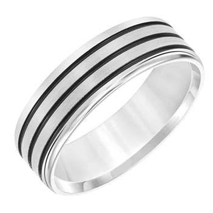Goldman 7MM Men's Wedding Band with Grooved Lines Satin and Polished Finish 14K White Gold