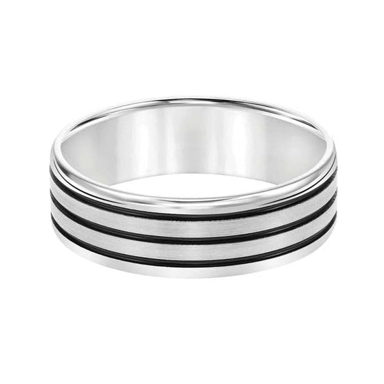 Goldman 7MM Men's Wedding Band with Grooved Lines Satin and Polished Finish 14K White Gold