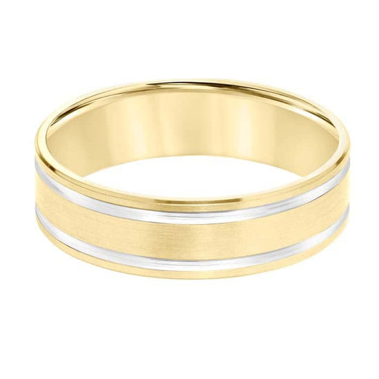 Load image into Gallery viewer, Goldman Men&amp;#39;s 6MM Wedding Band in 14K Yellow Gold with Brushed Finish and Rhodium Accents
