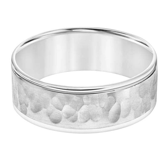 Goldman Men's 7.5MM Wedding Band with Hammered Brush Finish and Polished Edge in 14K White Gold