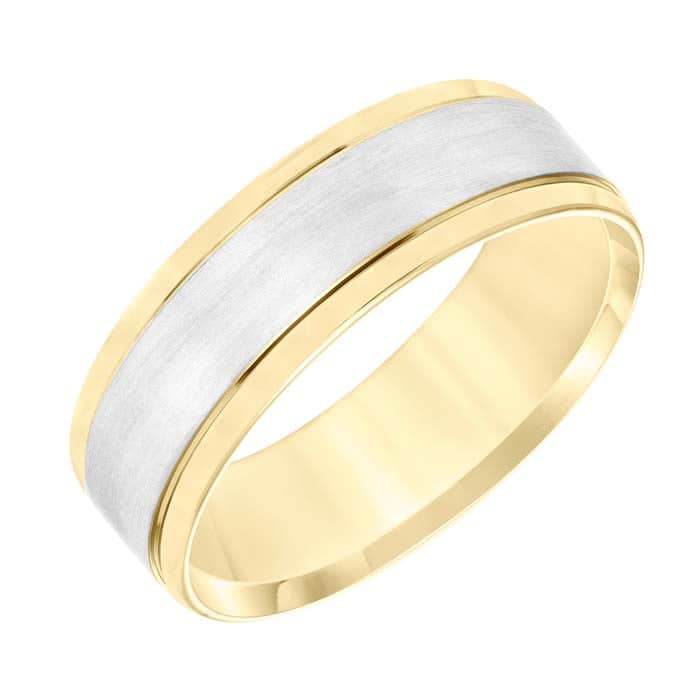 Load image into Gallery viewer, Goldman Men&amp;#39;s 7MM Satin and Polished Finish Wedding Band in 14K White and 14K Yellow Gold
