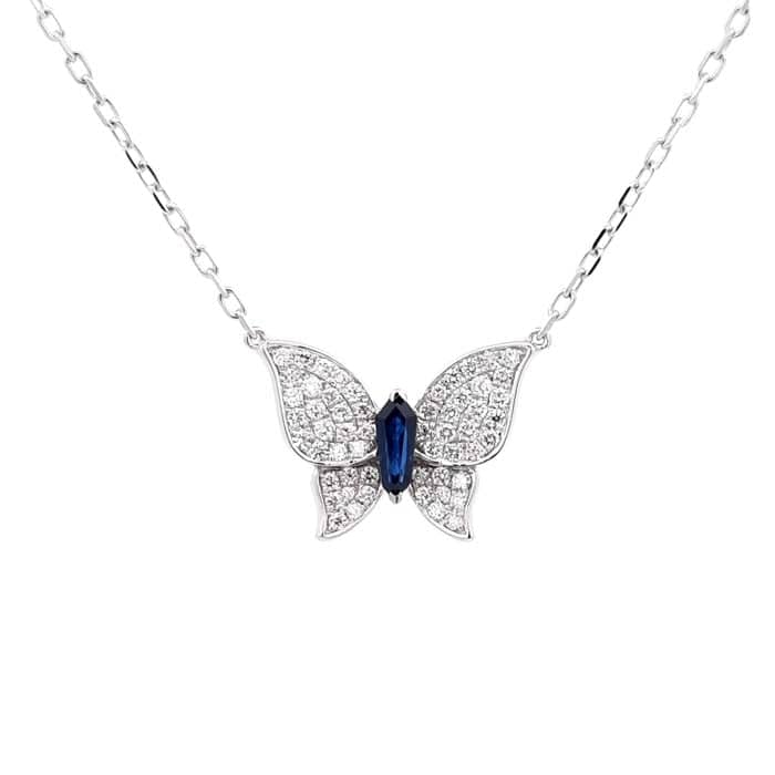 Charles Krypell Diamond and Blue Sapphire Butterfly Pendant in 18K White Gold