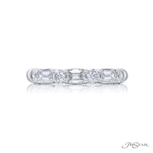 J B Star Emerald and Round Shared Prong Set Wedding Band in Platinum