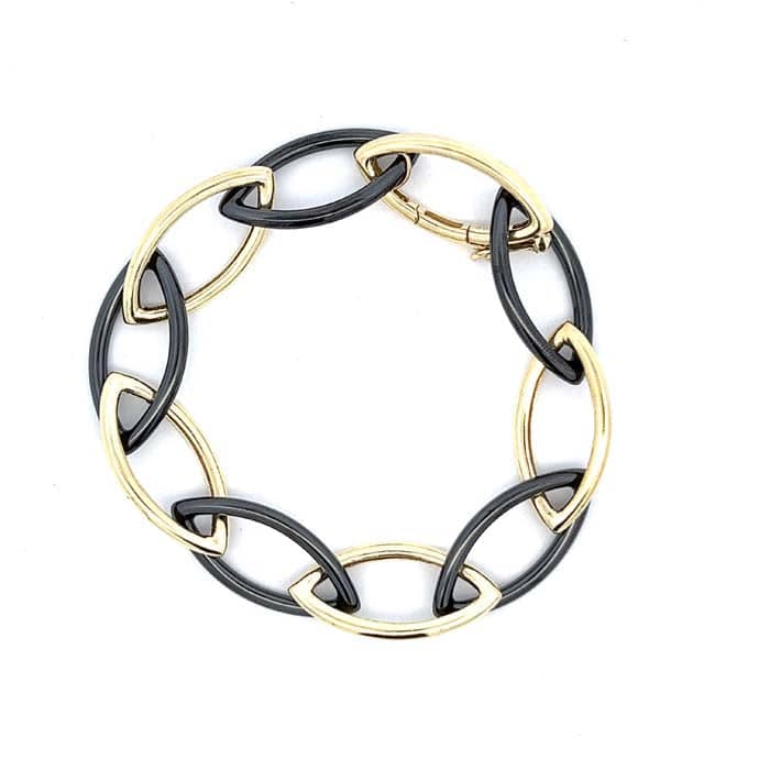 Charles Krypell 7.5" Marquise Black Céramique and 18K Yellow Gold Bracelet