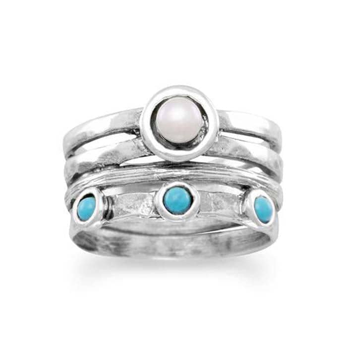 Mountz Collection Pearl and Turquoise Four Row Ring in Sterling Silver
