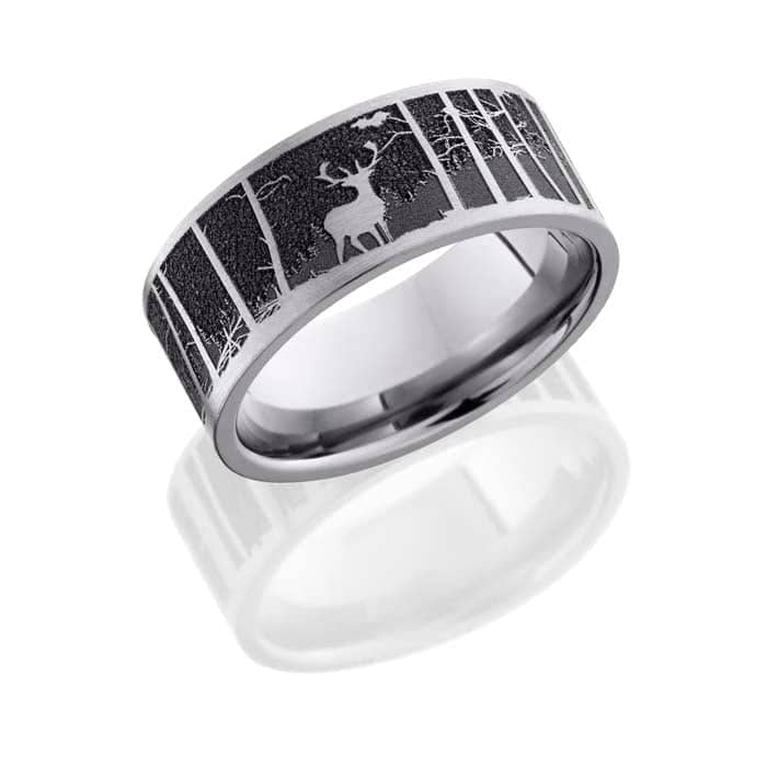 Lashbrook Mens 9mm Titanium Wedding Band with Carved Elk and Mountain Pattern