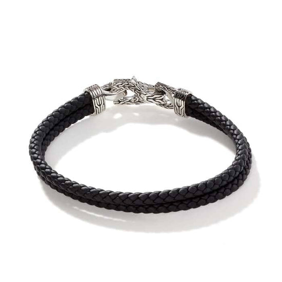 John Hardy Mens Asli Link Double Row Bracelet in Sterling Silver and Leather