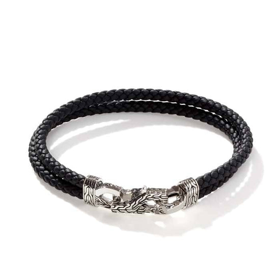 John Hardy Mens Asli Link Double Row Bracelet in Sterling Silver and Leather