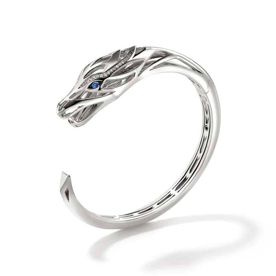 Load image into Gallery viewer, John Hardy Naga Diamond Pavé Kick Cuff Bracelet with Blue Sapphire Eyes in Sterling Silver
