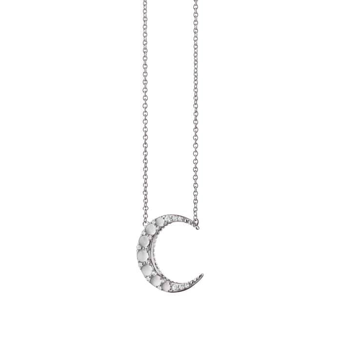 Monica Rich Kosann Moonstone and White Sapphire Midi Crescent Moon Necklace in Sterling Silver