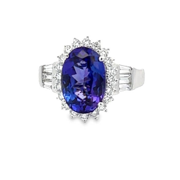 Load image into Gallery viewer, Mountz Collection Tanzanite and Diamond Halo Ring with Tapered Baguettes in 18K White Gold
