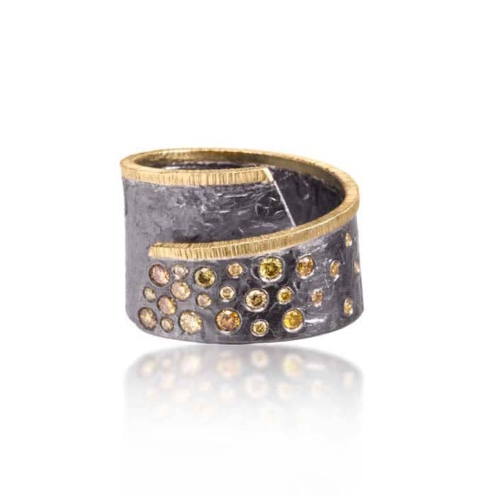 Elizabeth Garvin Cyclone Collection .36TW Yellow Diamond Ring in Oxidized Sterling Silver and 18K Yellow Gold