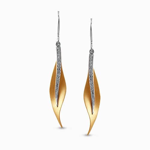 Load image into Gallery viewer, Simon G. Garden Collection Diamond Leaf Drop Earrings in 18K Yellow and White Gold
