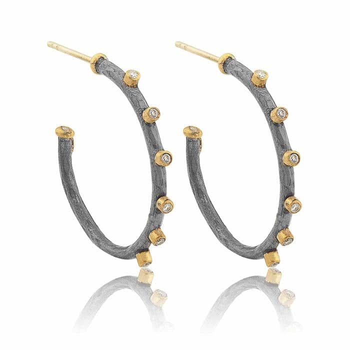 Lika Behar "Dima" Hoop Earrings with Diamonds in 24K Yellow Gold and Oxidized Sterling Silver