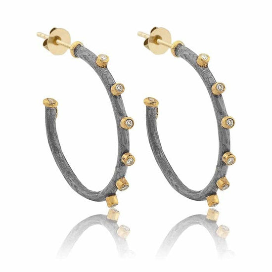 Lika Behar "Dima" Hoop Earrings with Diamonds in 24K Yellow Gold and Oxidized Sterling Silver