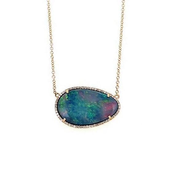 Mountz Collection 4.25OP/.15D Opal and Diamond Halo Pendant in 14K Yellow Gold