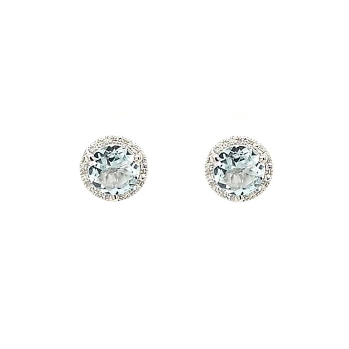 Load image into Gallery viewer, Mountz Collection Aquamarine and Diamond Halo Stud Earrings in 14K White Gold
