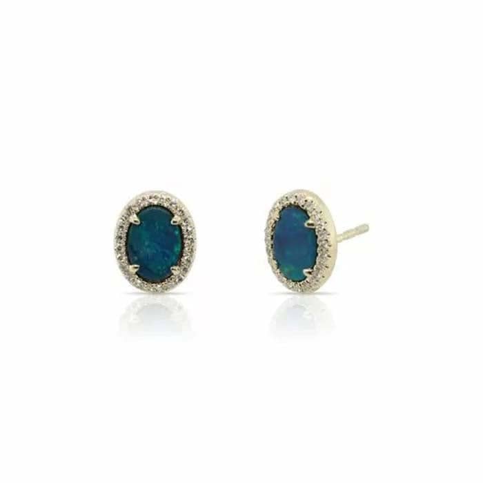 Load image into Gallery viewer, Mountz Collection Australian Opal Stud Earrings with Diamond Halo in 14K Yellow Gold
