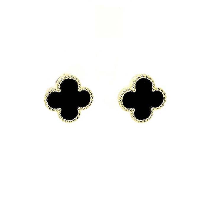 Mountz Collection Black Onyx Clover Stud Earrings in 14K Yellow Gold