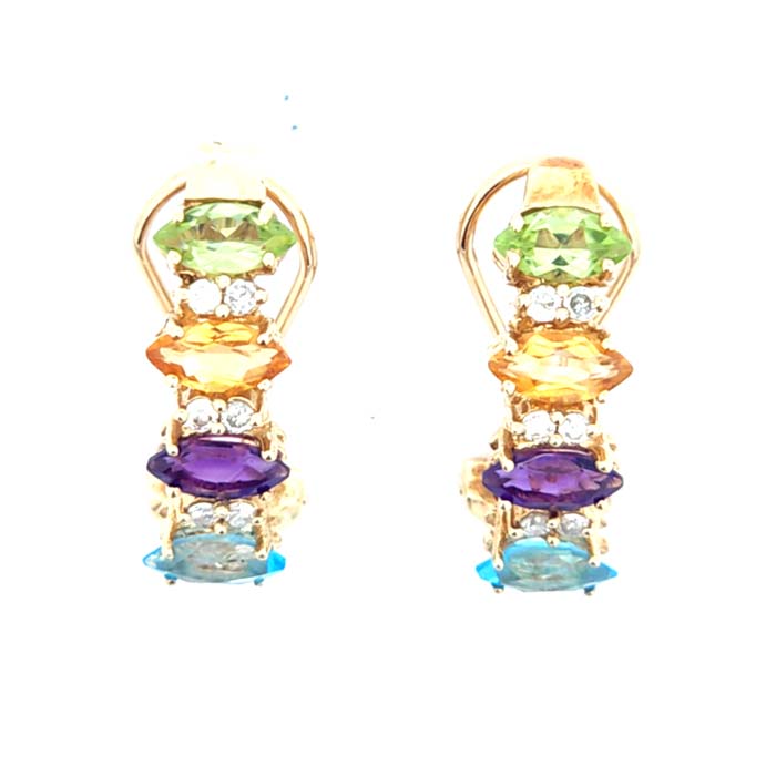 Load image into Gallery viewer, Estate Multi-Color Gemstone and Diamond Half Hoop Earrings in 14K Yellow Gold
