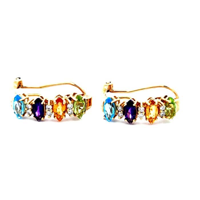 Load image into Gallery viewer, Estate Multi-Color Gemstone and Diamond Half Hoop Earrings in 14K Yellow Gold

