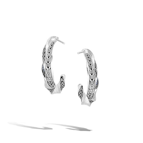 John Hardy Twisted Pave' Hoop Earrings with Blue Sapphires in Sterling Silver
