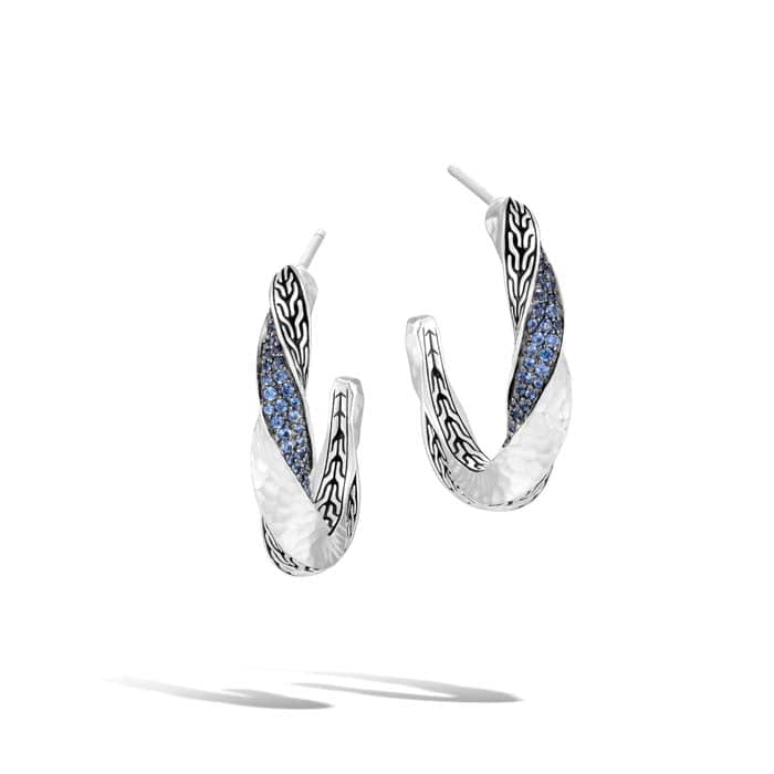 John Hardy Twisted Pave' Hoop Earrings with Blue Sapphires in Sterling Silver