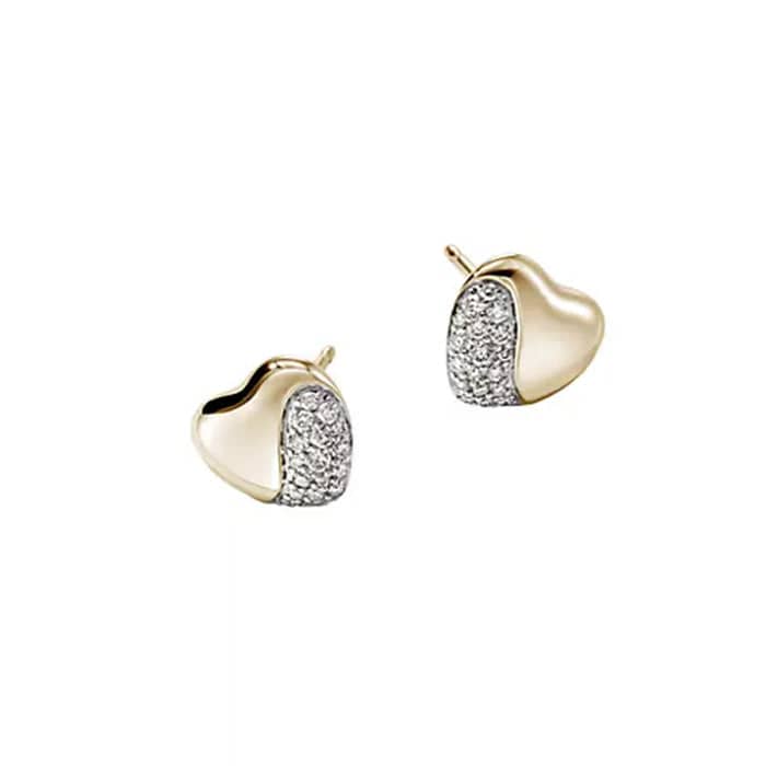 John Hardy Pavé Diamond Heart Pebble Earrings in 14K Yellow Gold