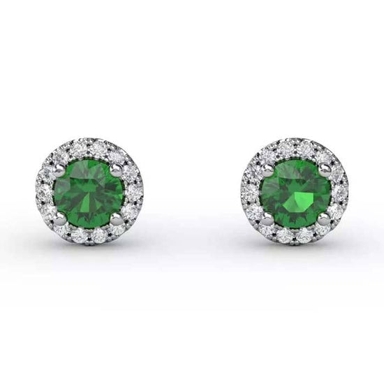 Fana Emerald and Diamond Halo Stud Earrings in 14K White Gold