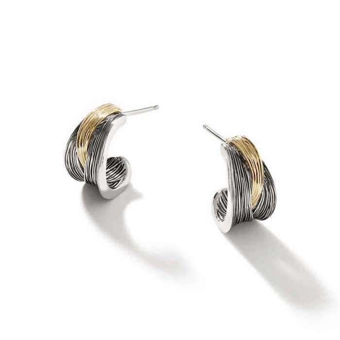 John Hardy Bamboo Striated J-Hoop Earrings in Sterling Silver and 18K Yellow Gold
