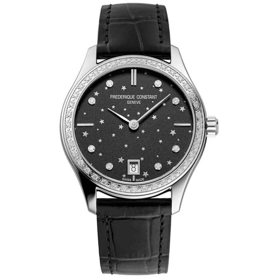 Frederique Constant 36mm Classics Moon and Stars Quartz Watch with Black Diamond Dial and Diamond Bezel in Stainless Steel