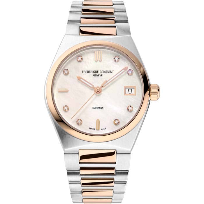 Frederique Constant 31mm Highlife Ladies Quartz Watch with Mother- of- Pearl and Diamond Dial in Stainless Steel and Rose Gold Plate