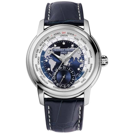 Frederique Constant 42MM Automatic World Timer w/ Navy Dial and Strap on Stainless Steel Watch