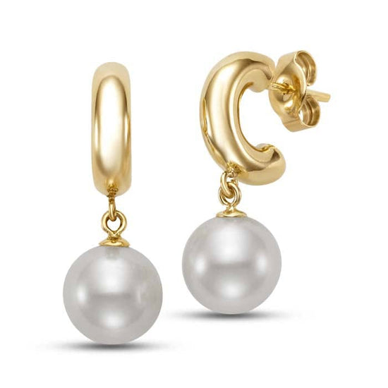 Load image into Gallery viewer, Mastoloni 9-9.5mm Fresh Water Cultured Pearl Half-Hoop Dangle in 14K Yellow Gold

