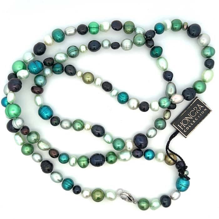 Honora 36" Green/Blue Multi Colored Ringed Pearl Necklace with Sterling Silver Lobster Clasp