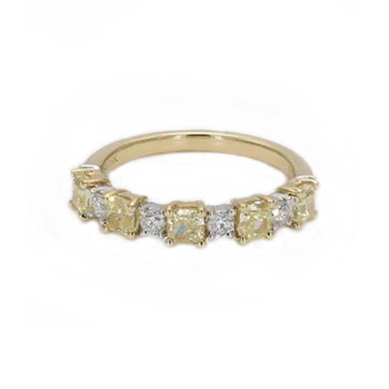 Mountz Collection Alternating Fancy Light Yellow Cushion and White Round Diamond Ring in 18K Yellow and White Gold