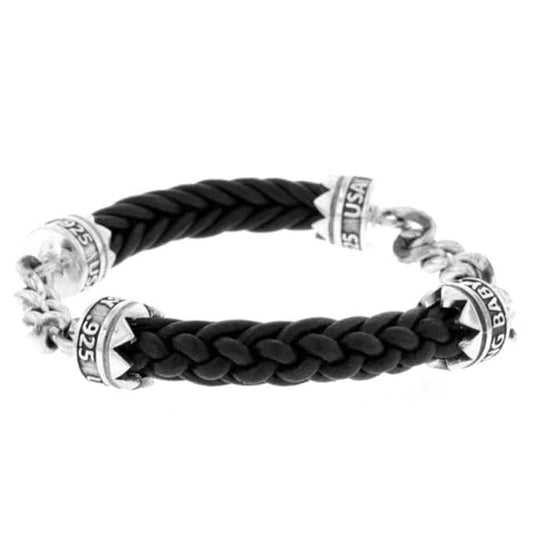King Baby Double Silver Chain and Leather Lanyard Bracelet in Sterling Silver and Black Leather