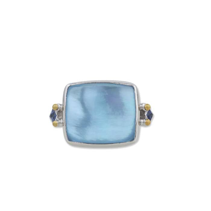 Lika Behar "Kami" Ring with Sky Blue Topaz & Mother of Pearl and Blue Sapphires in Sterling Silver and 24K Yellow Gold