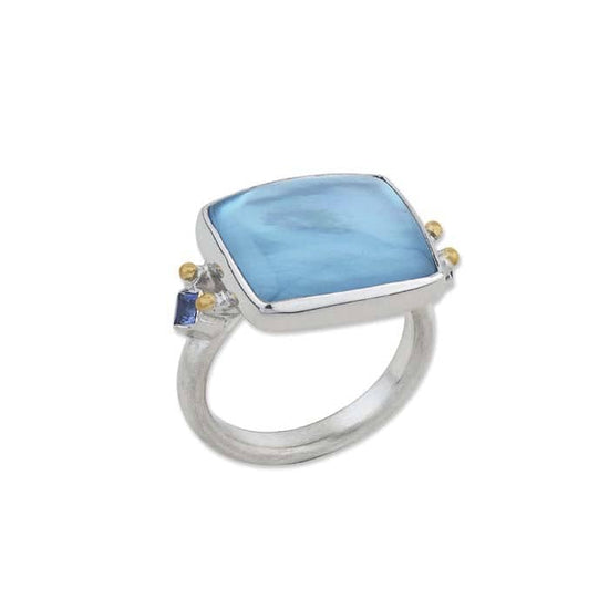 Lika Behar "Kami" Ring with Sky Blue Topaz & Mother of Pearl and Blue Sapphires in Sterling Silver and 24K Yellow Gold