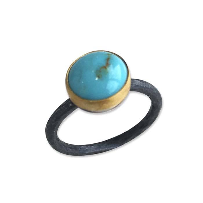 Load image into Gallery viewer, Lika Behar &amp;quot;Katya&amp;quot; Round Kingman Turquoise Ring in 24K Yellow Gold and Oxidized Sterling Silver
