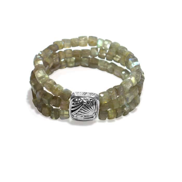 Load image into Gallery viewer, Stephen Dweck Labradorite 3-Strand Stretch Bracelet with Square Station in Sterling Silver
