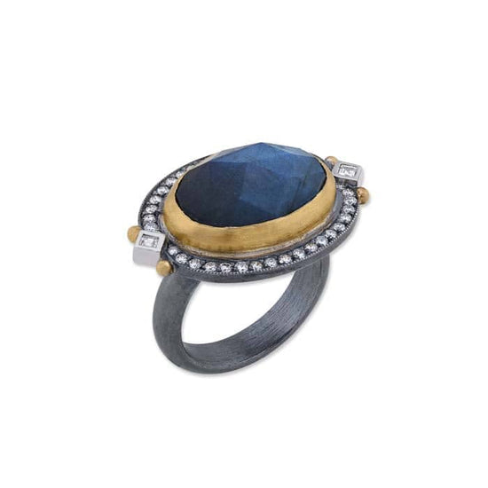 Load image into Gallery viewer, Lika Behar &amp;quot;Moondance&amp;quot; Labradorite and Black Onyx Doublet Ring with Diamonds in Oxidized Sterling Silver and 24K Yellow Gold
