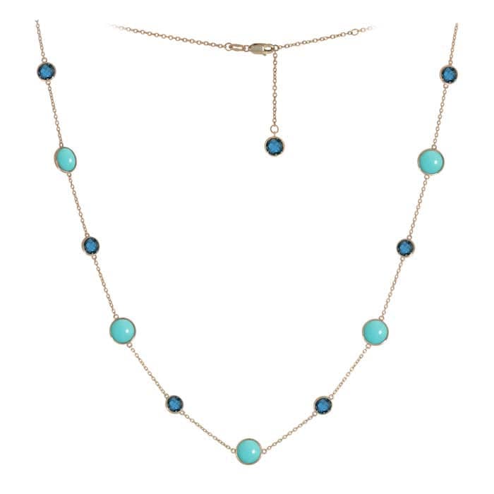 Load image into Gallery viewer, Mountz Collection London Blue Topaz and Turqoise Station Necklace in 14K Yellow Gold
