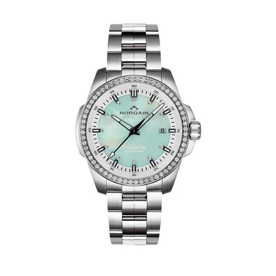 NORQAIN 40mm Independence Automatic Watch with Mint Mother- Of Pearl Diamond Dial and Diamond Bezel in Stainless Steel