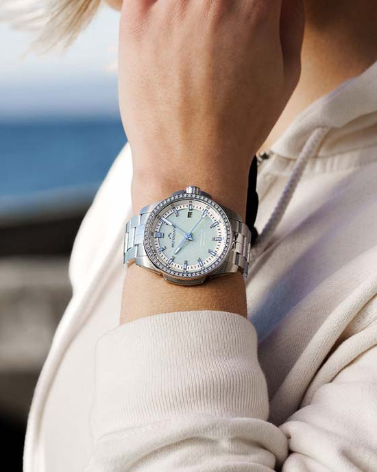 Load image into Gallery viewer, NORQAIN 40mm Independence Automatic Watch with Mint Mother- Of Pearl Diamond Dial and Diamond Bezel in Stainless Steel
