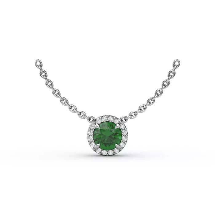 Fana Emerald and Diamond Halo Pendant Necklace in 14K White Gold