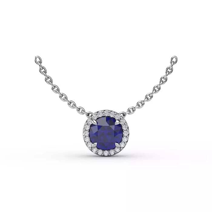 Fana Sapphire and Diamond Halo Pendant Necklace in 14K White Gold