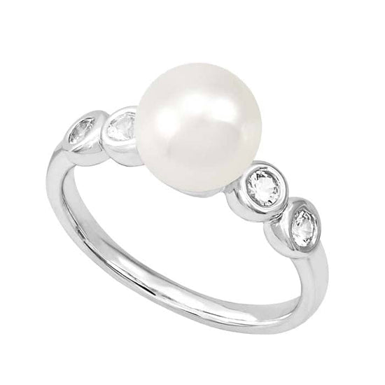 Honora "Sapphires By the Yard Collection" Freshwater Cultured Pearl Ring with White Sapphires in Sterling Silver
